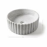 Yivli doğal taş silindir lavabo — ölçülü görünüm, 39 cm genişlik, 13 cm yükseklik