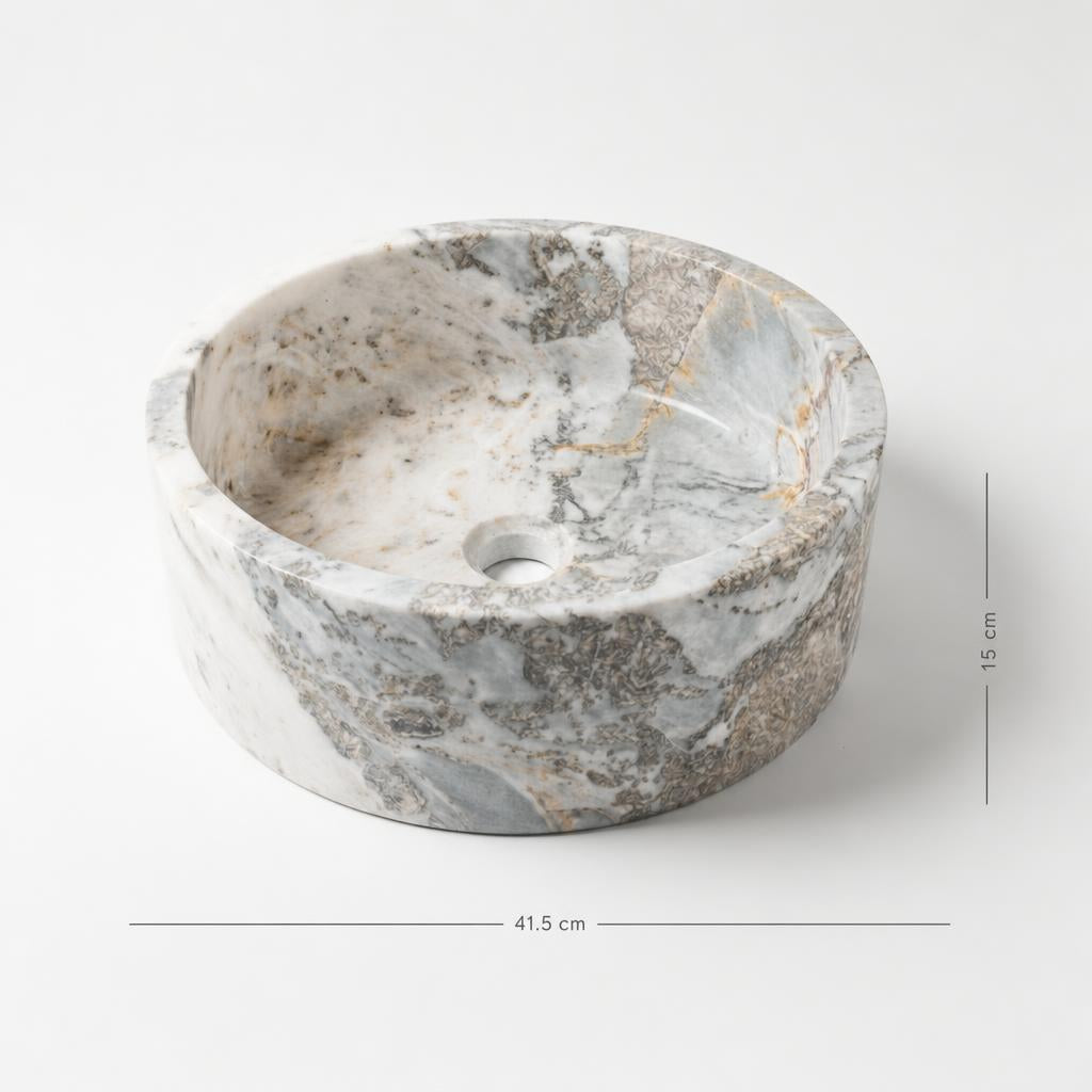 Damarlı doğal taş silindir lavabo — ölçülü görünüm, 41,5 cm genişlik, 15 cm yükseklik