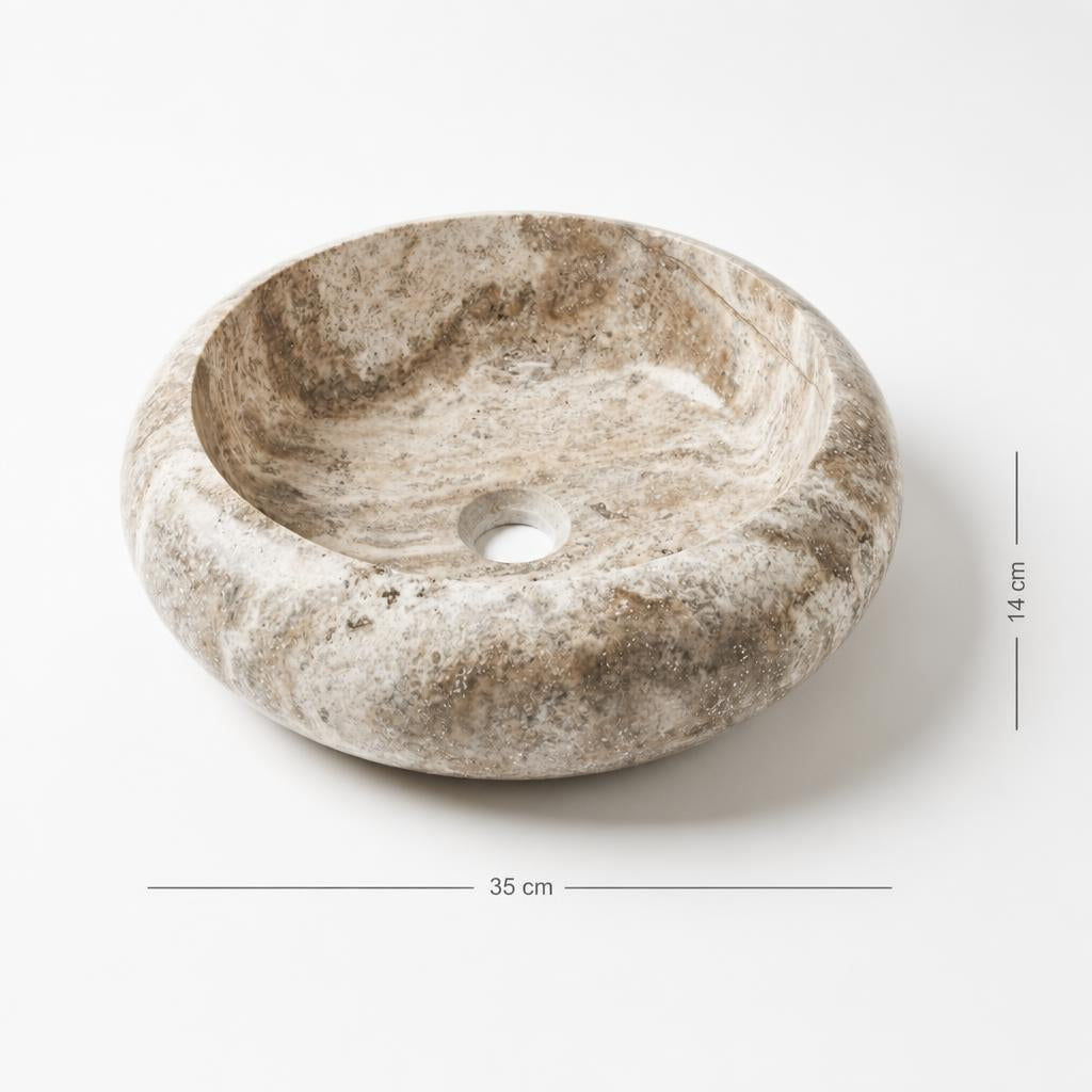 Bej-kahve doğal taş lavabo — ölçülü görünüm, 35 cm genişlik, 14 cm yükseklik