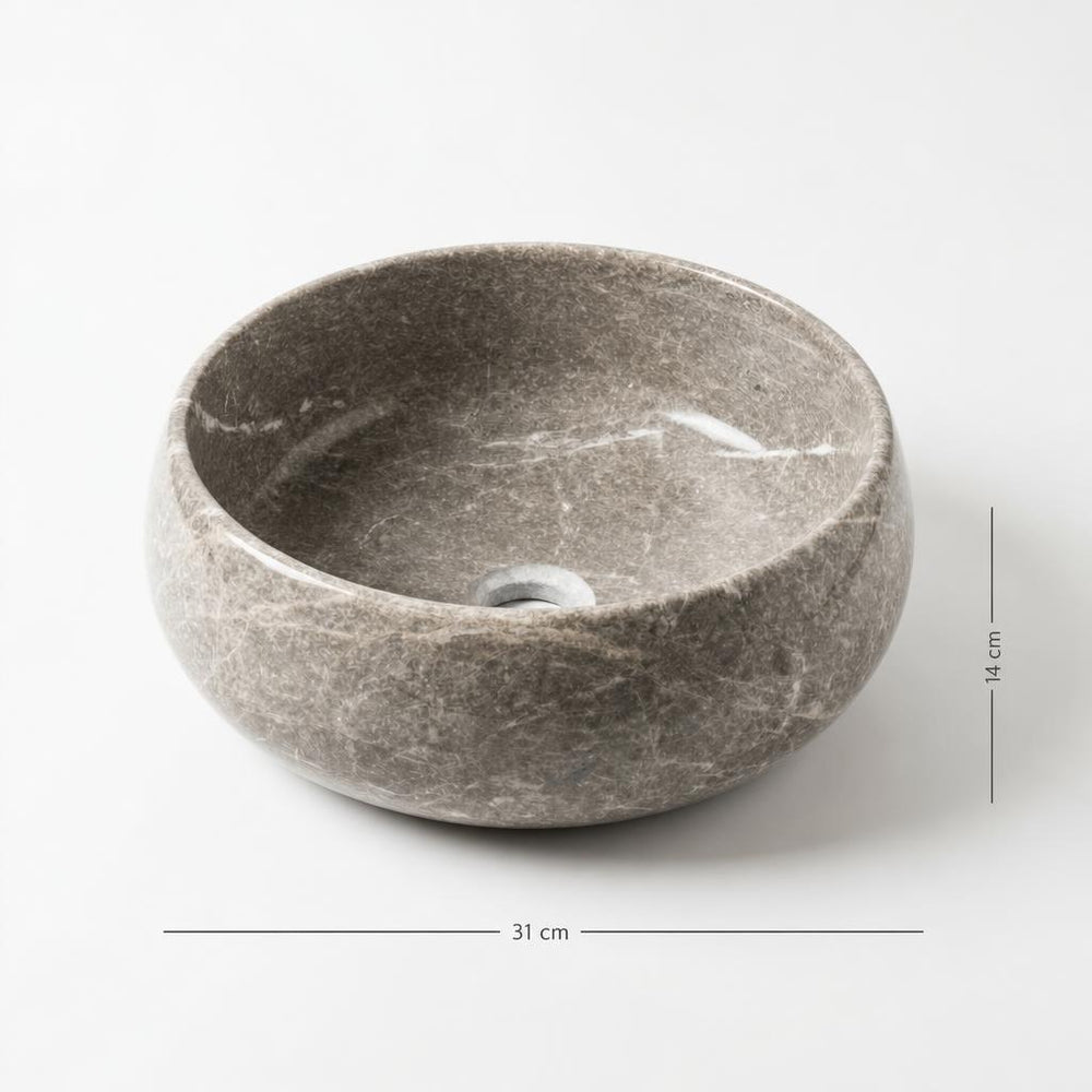 Koyu gri-kahve doğal taş lavabo — ölçülü görünüm, 31 cm genişlik, 14 cm yükseklik
