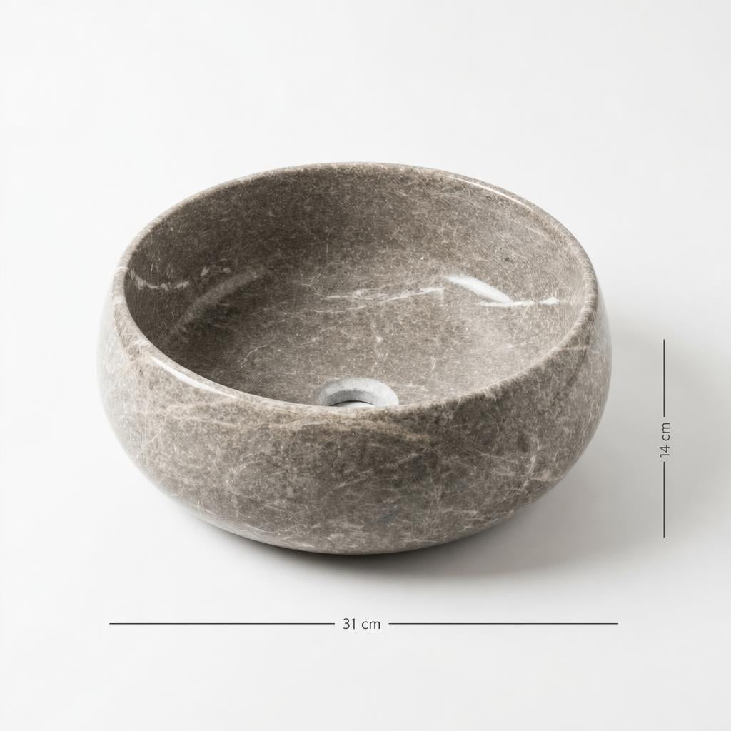 Koyu gri-kahve doğal taş lavabo — ölçülü görünüm, 31 cm genişlik, 14 cm yükseklik