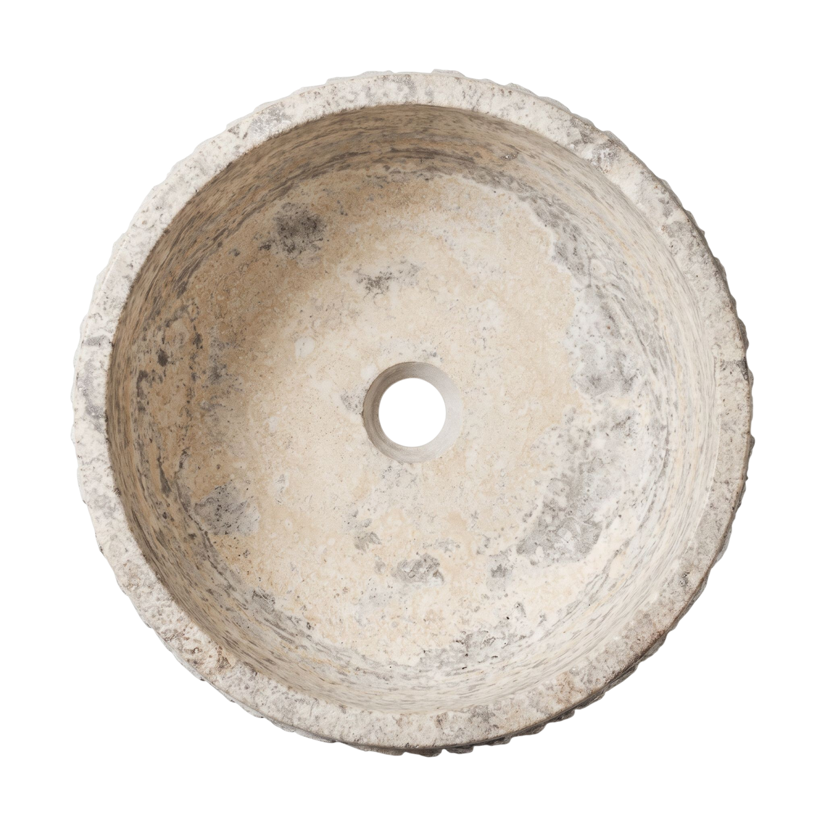 El Yapımı Porselen Yuvarlak Lavabo — Dokulu Krem, 45 cm — üstten görünüm