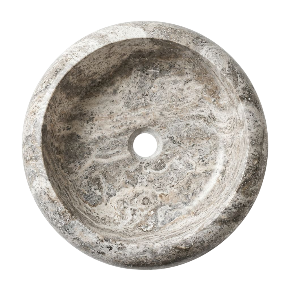 Doğal Taş Yuvarlak Lavabo — Bombeli, 35 cm — üstten görünüm