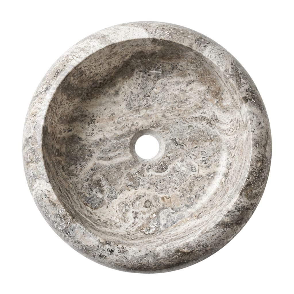 Doğal Taş Yuvarlak Lavabo — Bombeli, 35 cm — üstten görünüm